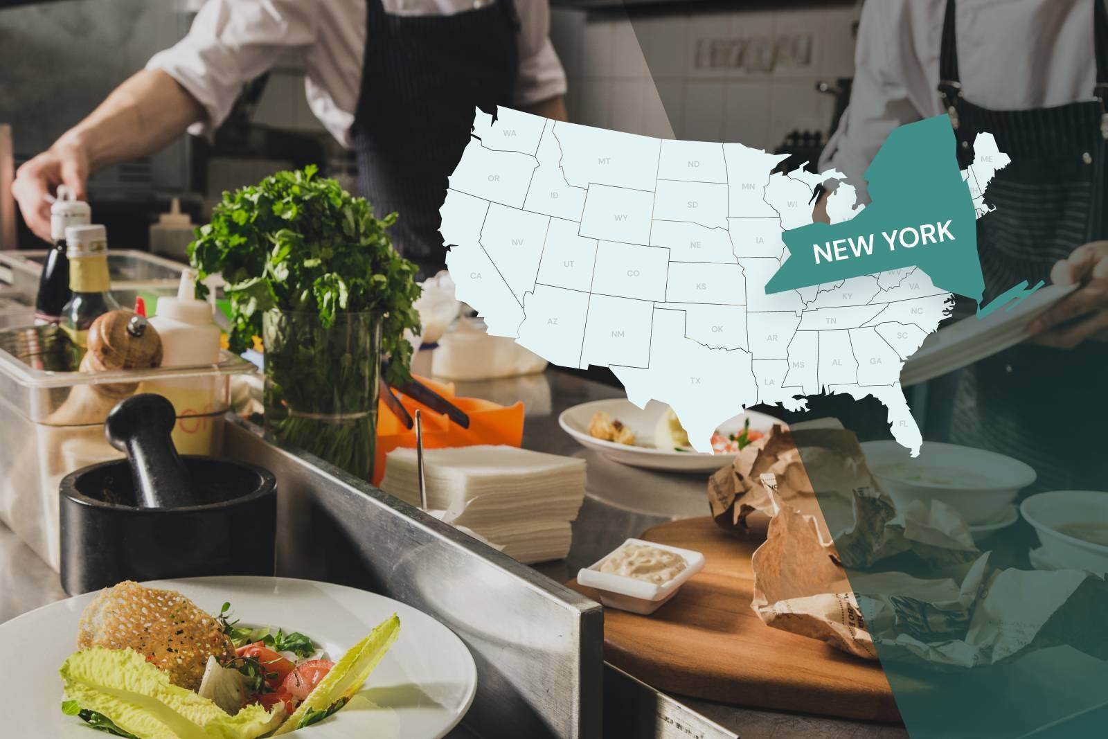 Graphic of a U.S. map that highlights New York State overlayed on a kitchen counter